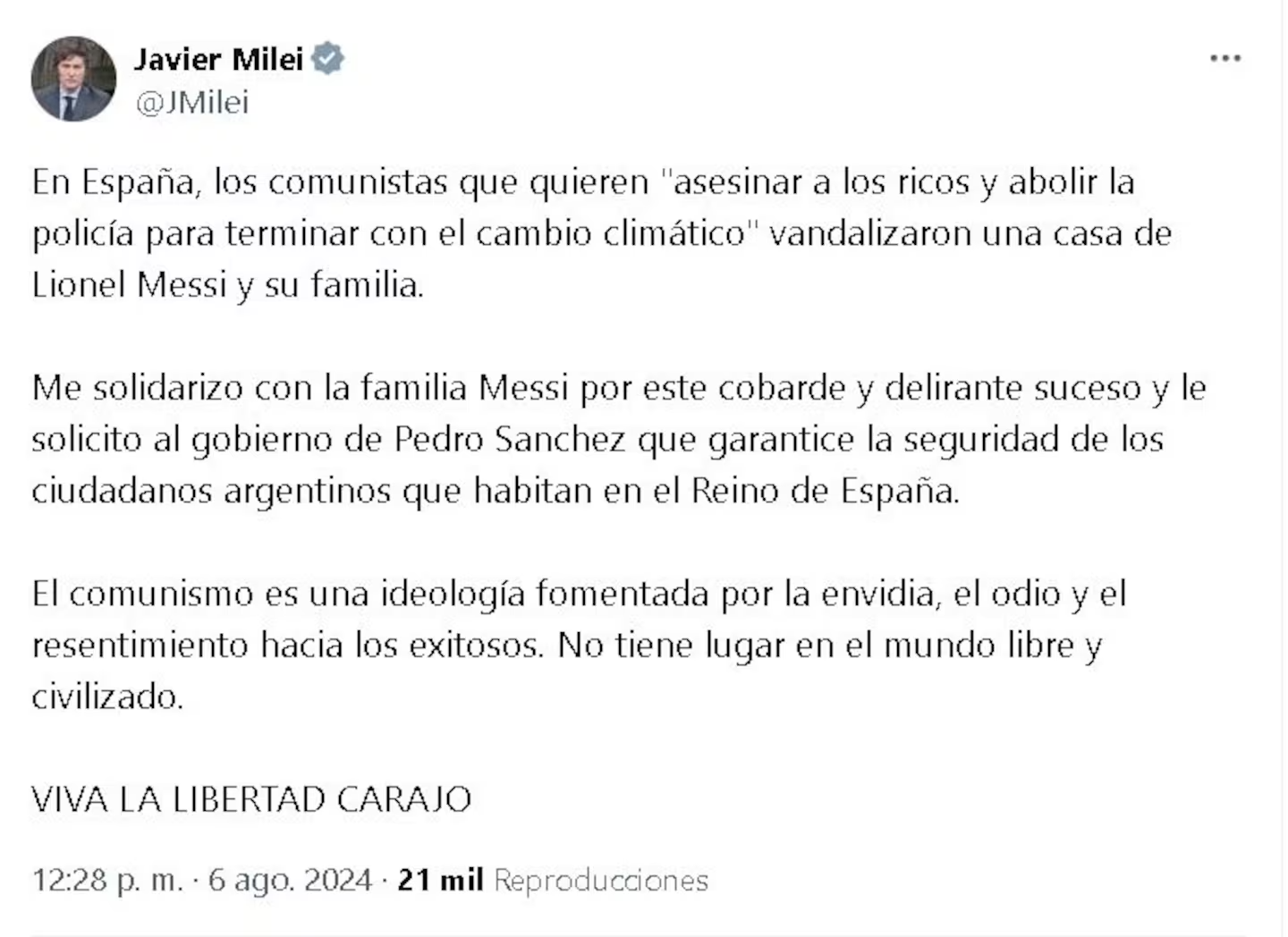 el tuit del mandatario en solidaridad con messi foto captura x jmilei OSFIKP6ATBH5HEZIBW7XQJTAFQ