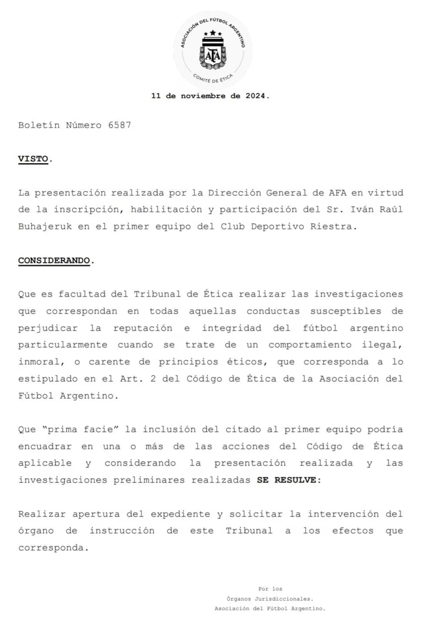 el comite de etica de la afa le abrio un expediente a riestra por la inclusion de ivan raul buhajeruk en el primer equipo foto afa RCOPB4S6ZNAVXOQ35M4UQEEHKA