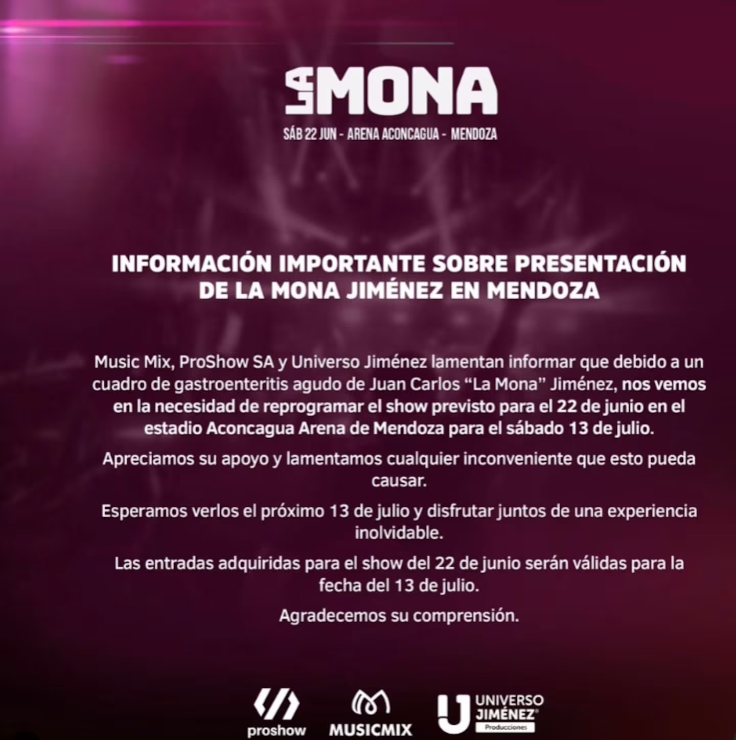 el comunicado que compartieron desde la produccion del show que iba a realizar la mona jimenez en mendoza foto instagram lamonaoficial 4GC5T2S5V5ELXBI5D6COBXQ73U