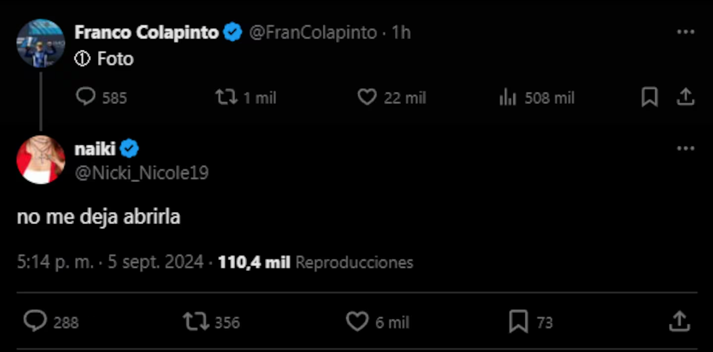 el mensaje de nicki nicole a franco colapinto que revoluciono las redes sociales foto captura x 7EQ3HEUYFBE4PKAAZM6WNYXLNQ